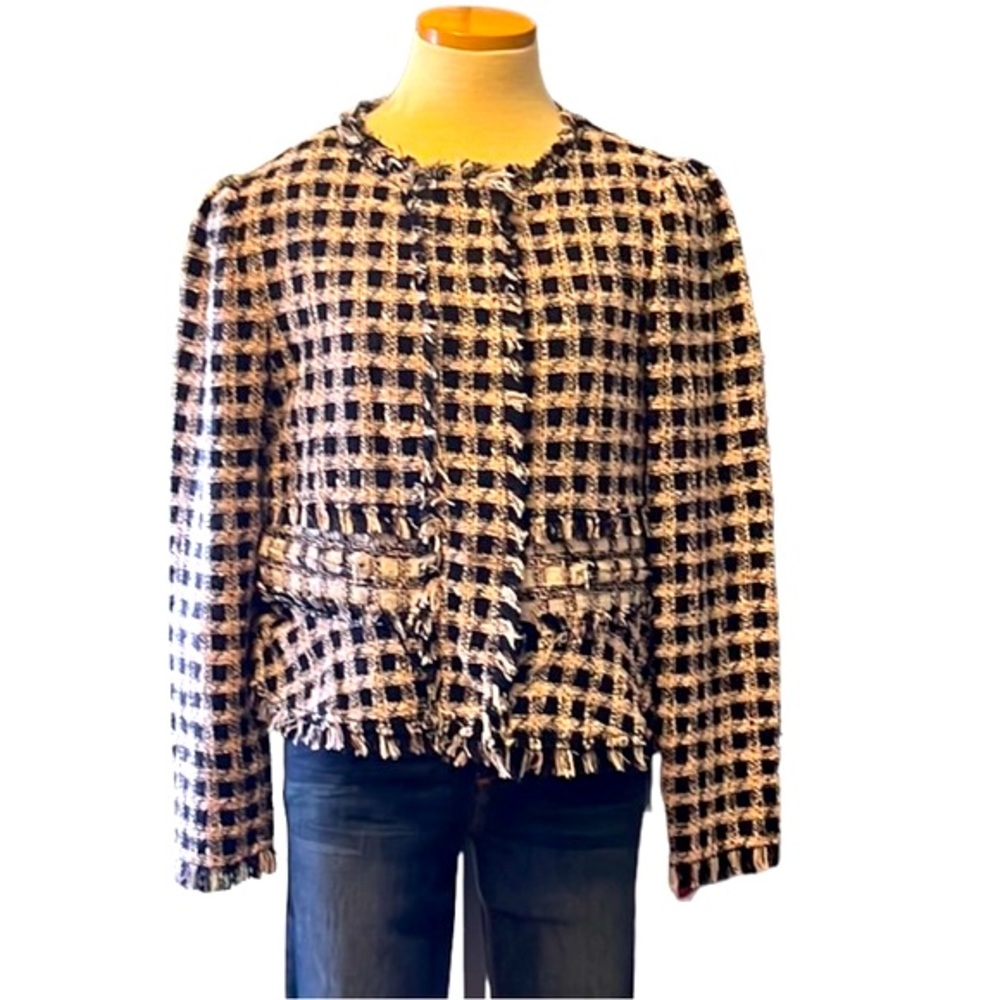 Rebecca Taylor Plaid Tweed Frayed Jacket, Black/Light Pink, size 10
